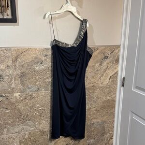 Elegant One Shoulder Navy Dress with Silver Accents